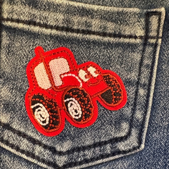 Okie Dokie Blue Denim Shorts with Red Farm Tractor Patch - Picture 2 of 4